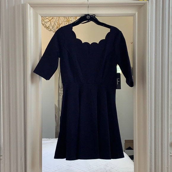Lulu’s || Navy Scalloped Fit & Flare Dress - Picture 3 of 7